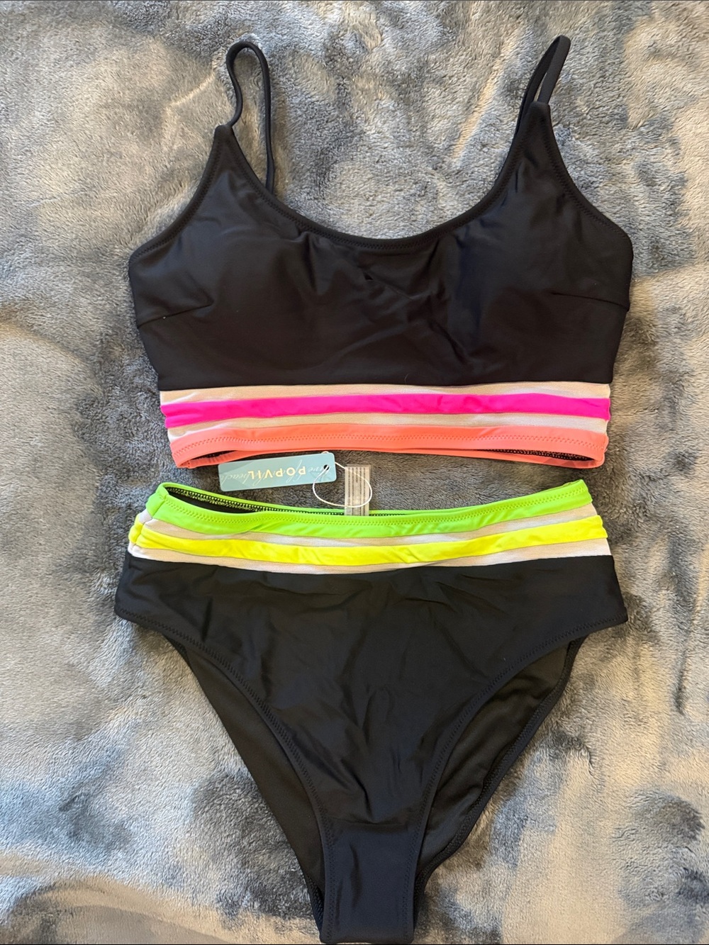 NWT POPVIL Black Two-Piece High-Waist Bikini with Neon Trim